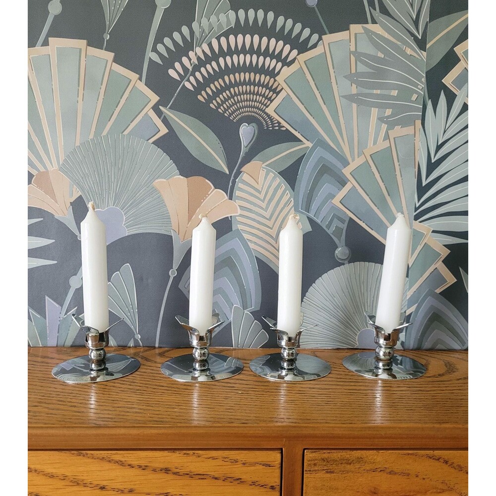 MCM Silver Chrome Candle Holders Set of 4 Vintage Metal Candlesticks